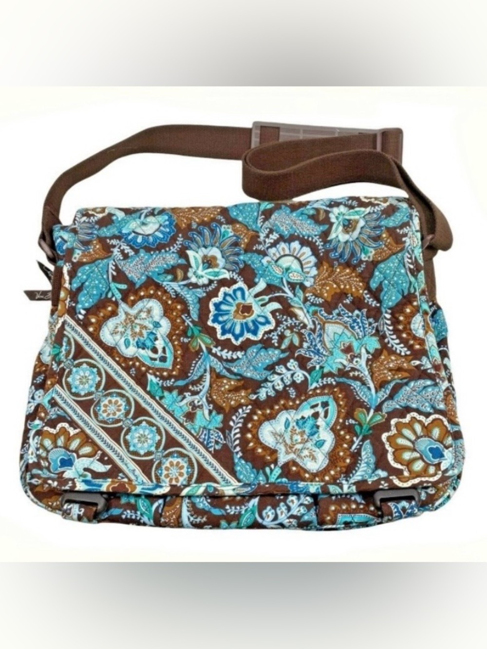 Vera Bradley Java Blue Brown & Turquoise Floral Quilted Crossbody Messenger Bag